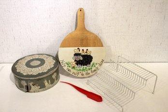 Vintage Ward Baking Company Cake Tin, Wooden Decorative Plaque, Wire 3-tier Spice Rack, Shell Peeler