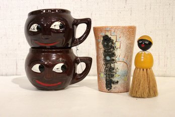 McCoy Pottery 'Man In The Moon' Mugs, Mid-century Shaving Ceramic Cup With Doll Brush, Black Americana