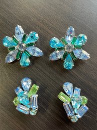 2 Pairs Of Blue Rhinestone Clip On Earrings