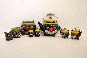Vintage Thames Redware Clown Face Teapot Set, Black Americana