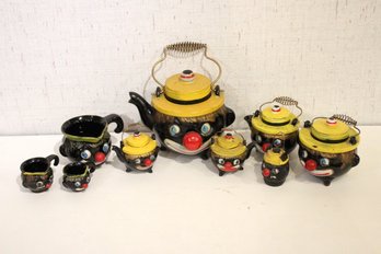 Vintage Thames Redware Clown Face Teapot Set, Black Americana