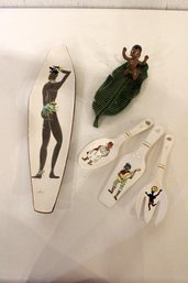 Black Americana Ceramic Platter, Happy Cannibal Vintage Pixie, 3 Ceramic Spoon Decor