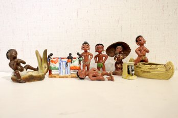 4 Vintage Mid Century Gilner Potter, Happy Cannibal Figurines, 4 Other Ceramic Figurines