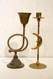 Vintage Brass Candlesticks, French Horn, Moon