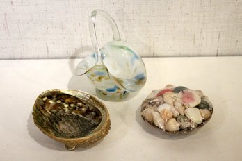 Coastal Themed Collectibles, Blown Glass Basket, Abalone Shell, Potpourri