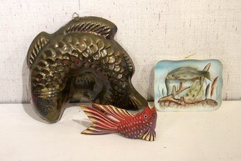 Vintage Fish Home Items, Fish Mold, Wood Fish Figurine, Porcelain 3D Platter