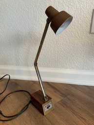 Tensor 1500 Mid Century Modern Desk Lamp With Faux Wood Base, Folding Neck, And Small Brown Metal Shade