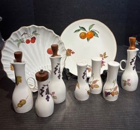 Royal Worcester Porcelain Evesham Pattern S&P, Vinegar & Oil Set, Pepper Grinder, Luncheon Plate And Shell Pla