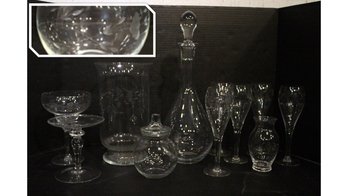 Princess House Heritage Crystal Collection Set, 2 Vases, 1 Decanter, 1 Vanity Jar, 1 Candle Stick Holder
