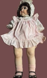Vintage Porcelain Head, Hands And Feet Baby Doll In Pink Dress, MaryJane's And Bonnet