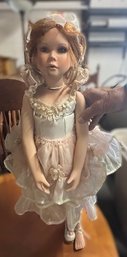 Vintage Porcelain Ballerina  With Red Hair And Pink Lace Dress