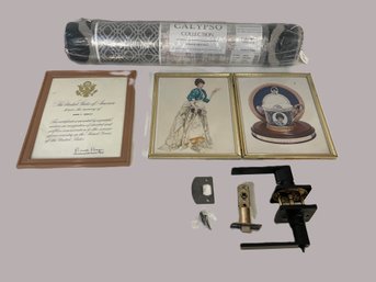 Calypso Indor Area Run, Vintage Framed Edwardian Picture, Framed Plaque And Sleek Door Handle.