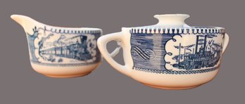 Vintage Currier & Ives Blue And White Double Handed Sugar Bowl W/lid And Creamer Set