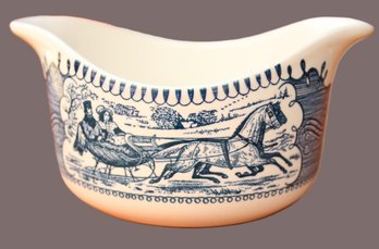Vintage Royal China Currier & Ives Blue Gavy Boat With Horse And Carriage Image