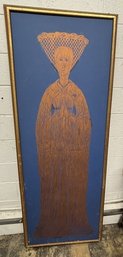 Framed Vintage Brass Rubbing Portrait Of A Figure Wearing A Large Inverted Cone Headdress