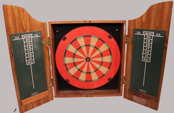 Dart Board In Pine Wood Cabinet