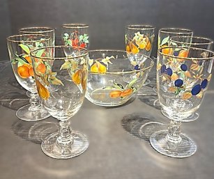Royal Worcester Evesham Pattern Painted Glass Salad Bowl And 8 Matching Goblets