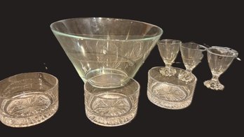 Glass Salad Bowl, 3 Indiana Glass Cordial Glasses 3 Heavy Glass Bowls