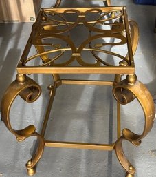 1 Of 2 Gold Metal Ornate Glass Top Hollywood Regency Style End Table 29' Wide 16 1/2 Inches Wide 23' High