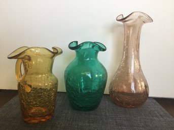 Vintage Hand Blown Glass Crackle Vases And Pitcher