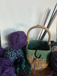 Ceramic Yarn Caddie, Yarn & Needles