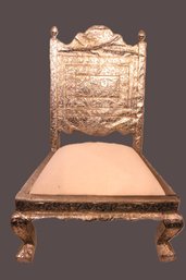 Vintage 1960 Era Indian Wedding Chair Silver Pressed Ornate Metal/Wood With Ivory Colored Cushion