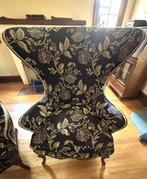 Set Of 2 1990 Ethan Allen Custom Wing Armchairs Featuring A Tapestry Floral Pattern And Ornate Wood Legs
