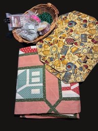 9 Yards Of New Material, 2 Farmhouse Place Mats And A Basket Of Sewing Items
