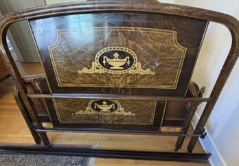 Antique Full Size Art Deco/Art Nouveau Influence Metal Bed Frame With Headboard, Foot Board And Railings