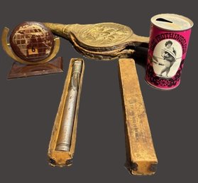 Antique Fire Bellow, Flip Perpetual Desk Calander, Vintage Beer Can And Antique Ford Part