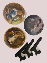 Set Of 3 Vintage Collectors Plates With Wooden Plate Holders