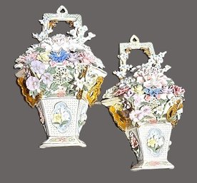 Vintage Italian Wall Pocket Vases With Pastel Floral Design & Gold