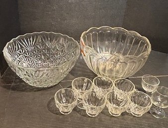 2 Large Vintage Glass Punch Bowls And  10 Cups