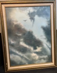 Vintage Framed Oil Painting Depicting Cloudy Sky With Solitary Bird In Flight