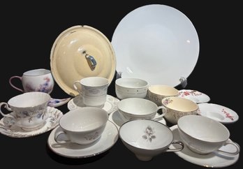 Lot Of 10 Tea Cups Various Patterns, Antique Enamel Pot Lid, Large White Platter