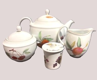 Royal Worcester Porcelain Evesham Pattern Tea Pot, Cream & Sugar And Honey Bowl