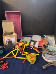 Pink Basket Filled With Fun Stuff, Note Pads, Ornate Book Marker And A Fuzzy Owl Kit