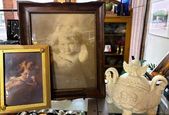 2 Framed Vintage Pictures Of Lifelike Angle Cherubs And A Bisque Porcelain Cherub Angel Trinket Box Footed