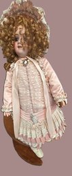 Vintage Style Porcelain French Fashion Doll Reproduction 29' Tall With Bonnet