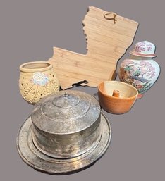 Lot Of A Louisiana Wood Charcutier Board, An Asian Vase, Vintage Silver Plated Covered Dish, 2 Pottery Pieces