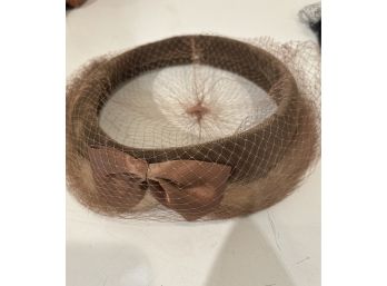 Vintage 1950's Woman's Mink Hat Netted Veil, With Satin Bow