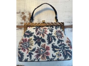 Vintage Multi Colored Tapestry Purse With Wooden Clasp