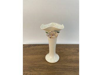 Johannes Brahm Ceramic Bud Vase With Flared Ruffled Rim White Pink Applied Flower