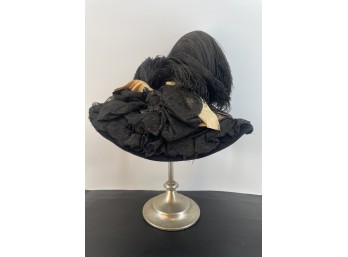 Victorian Black Lace And Ostrich Feather Mourning Hat With Beaded Accent With Hat Stand