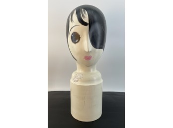 Mid-Century Hand Painted Wooden Mannequin Hat Stand With Black Hair And Pink Lips