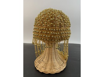 Gold Beaded Flapper Cap Headpiece With Fringe Tassels