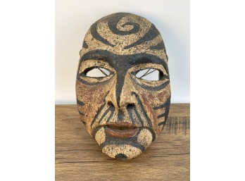 Hand Painted Pottery Tribal Mask With Black And Brown Painted Details
