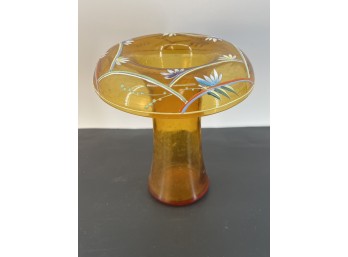 Amber Art Glass Pedestal Vase With Hand-Painted Floral Rim