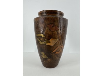 Wooden Ikebana Vase With Metal Inlay And Copper Insert