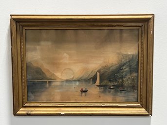 Antique 'Lake With Sailboats And Figures Scene' Watercolor, Unsigned